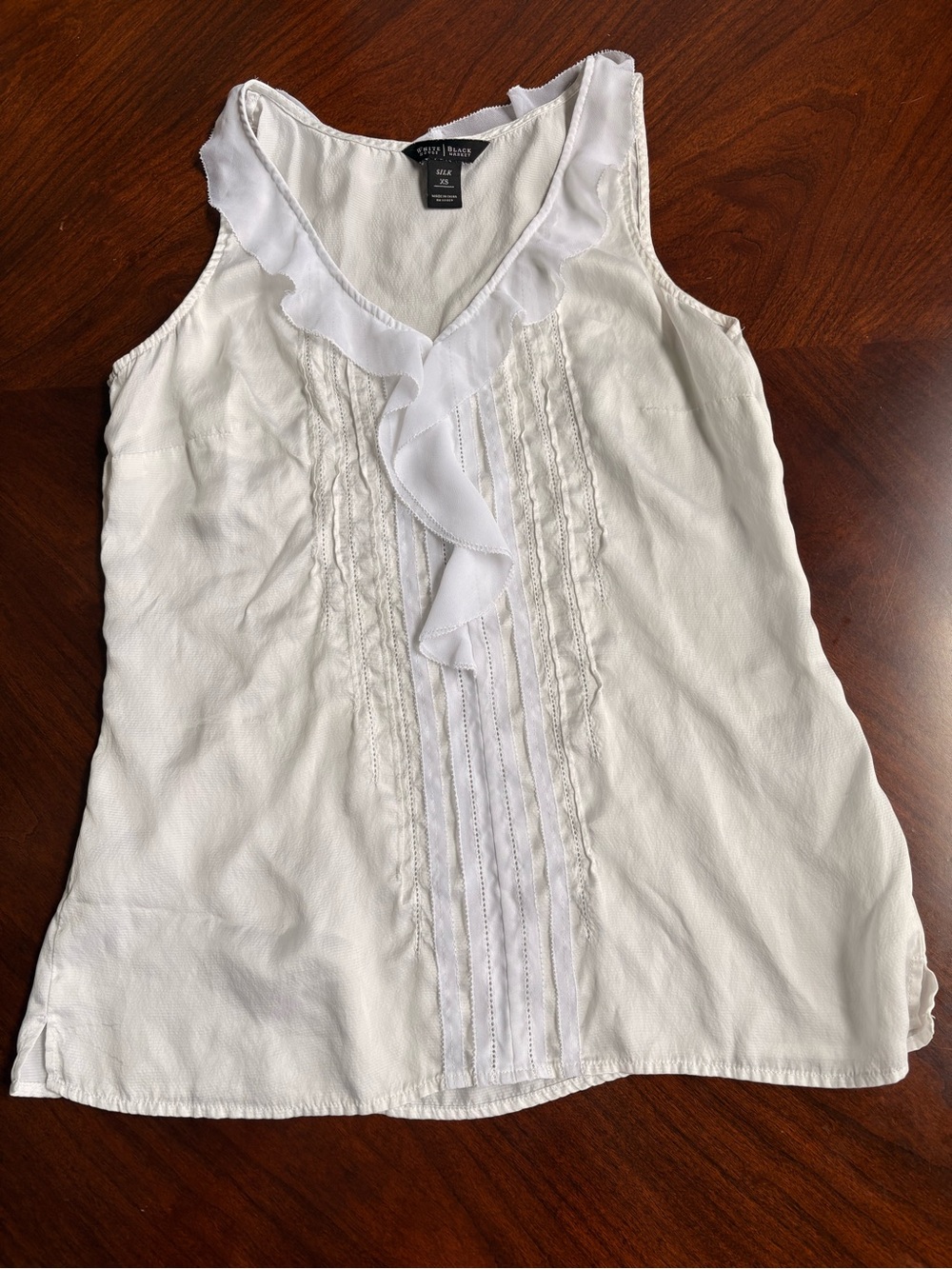 White Ruffled V-Neck Sleeveless Top by White House Black Market Silk XS
